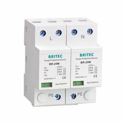 monophasé de T1 10/350us 2P du protecteur de montée subite du type 1 25kA 275V 1.3kV