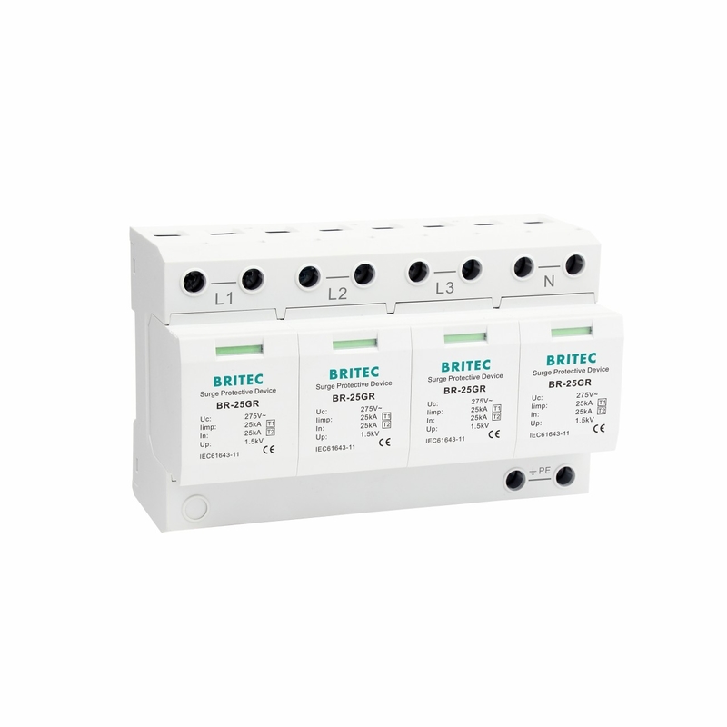 Dispositif de protection contre les surtensions BR-25GR 4P 25kA 100kA britec type 1 Dispositif de protection contre les surtensions par étincelle spd à 3 phases