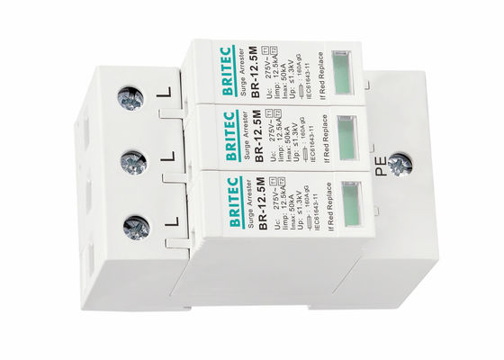 12.5kA Iimp 3 Phase DIN Rail Mount Surge Protector et Surge Arrestor pour les systèmes d'alimentation en courant alternatif