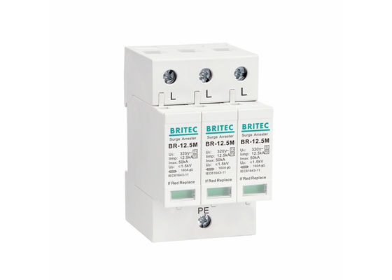 UL94-V0 Rétracteur de flamme 12,5kA Iimp 3P T1+T2 Dispositif de protection contre les surtensions pour les réseaux CA
