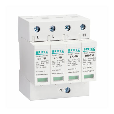 AC Power Iimp 7KA 4P T1 + T2 / Classe B + C 3 phases Protection contre les surtensions industrielles, 275V Din Rail Mount Thunder Arrester